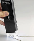 Pocket Microscope With 30x LED Illumination Adjustable Focus Wheel And Built In Flashlight For Sharp Detail Viewing Ideal For Jewelers Collectors Students And Gearheads, handheld black plastic 30x microscope with LED light on chain
