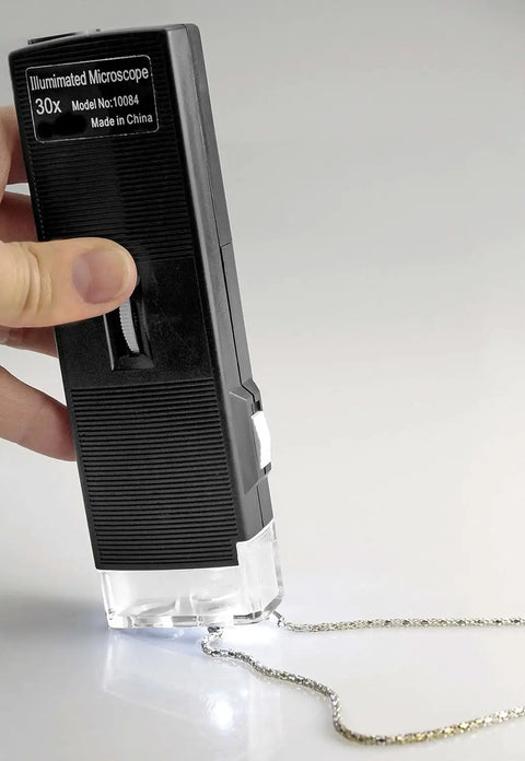Pocket Microscope With 30x LED Illumination Adjustable Focus Wheel And Built In Flashlight For Sharp Detail Viewing Ideal For Jewelers Collectors Students And Gearheads, handheld black plastic 30x microscope with LED light on chain