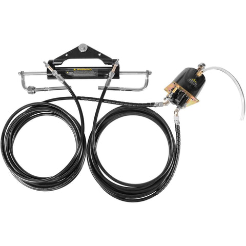150HP Hydraulic Outboard Steering Kit For Boats Marine System With Single Station Use Single Engine Built In Two Way Lock Cylinder Pump And 26 Foot High Strength Nylon Hose displayed.
