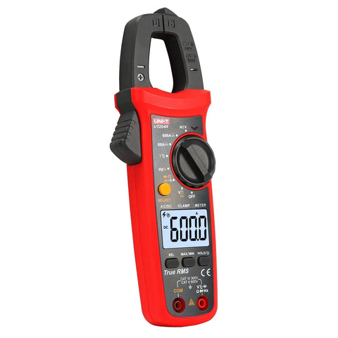 UT204R Digital Clamp Meter With Auto Ranging, True RMS, 6000 Counts, black jaws, red body, LCD display showing 6000.