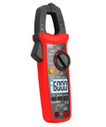 UT204R Digital Clamp Meter With Auto Ranging, True RMS, 6000 Counts shown with lit LCD screen and control dial.