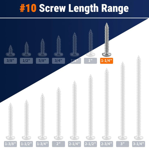 #10 Screw Length Range showcasing various sizes including Pro Level 50 Pack 10 X 1.25 Inch Stainless Steel 304 Phillips Pan Head Self Tapping Wood Screws.