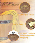 Memory Foam Sauna Bench Cushion With High Resilience Support For Inside Shower Bench Infrared Sauna Mat And Heat Pad displayed on wooden bench, showing brown cover and lotus pattern.