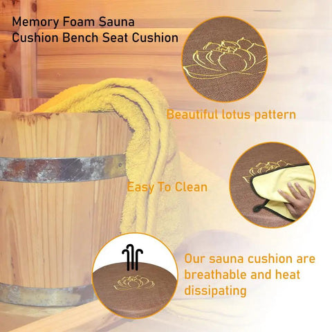 Memory Foam Sauna Bench Cushion With High Resilience Support For Inside Shower Bench Infrared Sauna Mat And Heat Pad displayed on wooden bench, showing brown cover and lotus pattern.