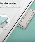 Zinc alloy handle on Kick Ass Heavy Duty Aluminum Alloy Wall Access Panel Attic Hatch Door, press to open.