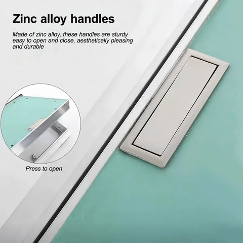 Zinc alloy handle on Kick Ass Heavy Duty Aluminum Alloy Wall Access Panel Attic Hatch Door, press to open.