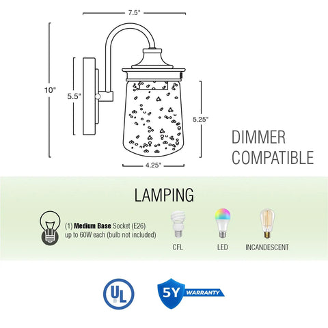 Diagram of Mason 10 Inch Modern Farmhouse Wall Sconce With Seeded Glass Jar Shade, Industrial Gooseneck Light detailing dimensions and bulb options