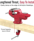 Beefy Universal Table Vise 3 Inch Jaw Opening With 360 Degree Swivel Base Bench Clamp For Woodworking And Metalworking, Thickened 0.2 Inch Jaw For Grip That Won't Budge, Fits Most Workbenches, red cast steel table vise clamped to workbench edge