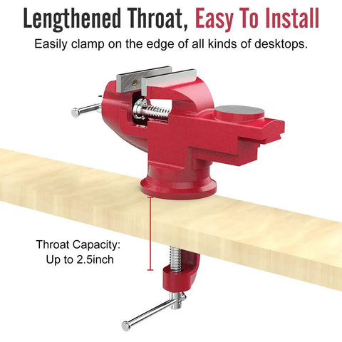 Beefy Universal Table Vise 3 Inch Jaw Opening With 360 Degree Swivel Base Bench Clamp For Woodworking And Metalworking, Thickened 0.2 Inch Jaw For Grip That Won't Budge, Fits Most Workbenches, red cast steel table vise clamped to workbench edge