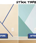 Before and after using Blue Painter Tape 1 Inch By 60 Yards 3 Pack For Sharp Edges And Trim to paint wall with geometric pattern.