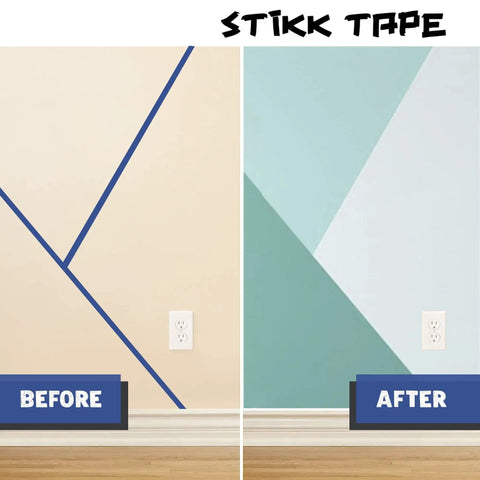 Before and after using Blue Painter Tape 1 Inch By 60 Yards 3 Pack For Sharp Edges And Trim to paint wall with geometric pattern.