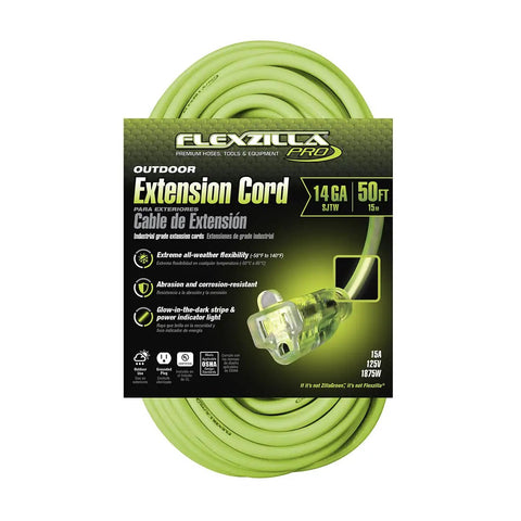 Heavy Duty Indoor Outdoor Extension Cord 50 Ft 14/3 AWG SJTW With Lighted Plug Go To Workhorse for Any Job Site Weather Resistant and Flexible ZillaGreen