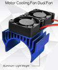 Dual Esc And Motor Cooling Fans Set For Traxxas 4x4 RC Models with blue aluminum heat sink and plastic fans.