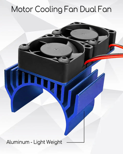 Dual Esc And Motor Cooling Fans Set For Traxxas 4x4 RC Models with blue aluminum heat sink and plastic fans.