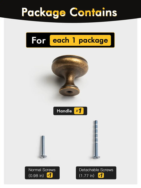 Top Tier Zinc Alloy Cabinet Knobs And Drawer Pulls Antique Brass Finish Five Pack Vintage Hardware For Kitchen Remodel Big Time Home Glow Up No Fuss Upgrade, showing antique brass handle and screws.