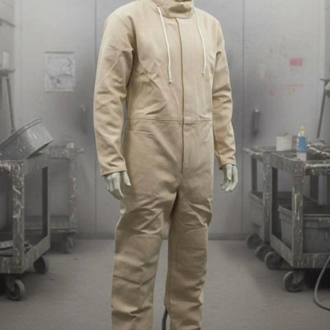 Canvas Sandblasting Suit With Hood Full Body Dustproof Workwear For Grinding And Sanding In Factory Workshops Hardcore Protection And Comfortable Fit Durable Grit Proof Coverall For Maintenance Jobs beige hooded coverall on mannequin in workshop