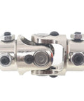 Built Tough 3/4 Inch By 3/4 Inch Dd Chrome Single U Joint Steering Shaft visible from the front angle with bolts.