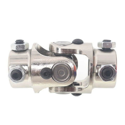 Built Tough 3/4 Inch By 3/4 Inch Dd Chrome Single U Joint Steering Shaft visible from the front angle with bolts.
