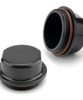 Two Pack 81143 Vortex Replacement Hub Caps with O-Ring shown in black with threaded design for trailer hubs