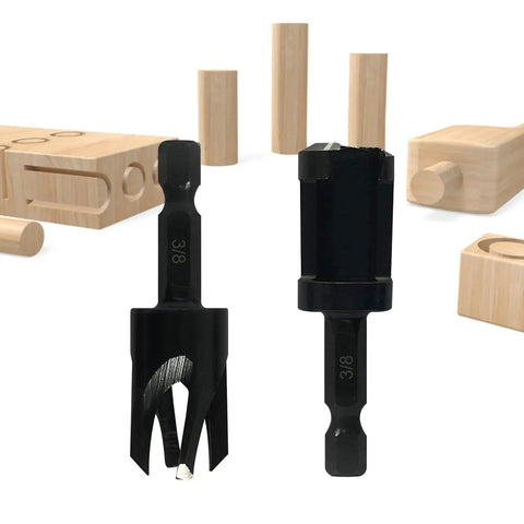 8 Piece Wood Plug Cutter Set With Four Straight And Four Tapered Cutters, One Quarter Hex Shank, wooden plugs and blocks display
