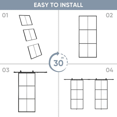 Installation steps for Double Barn Door Set 72 By 96 Inches With 12 Feet Hardware Kit Includes Two 36 By 96 Clear Tempered Glass Panels