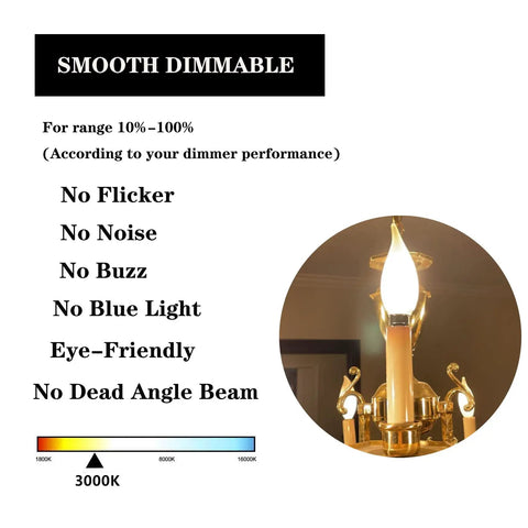 Frosted LED Flame Tip Candelabra Bulbs 60W Equivalent Dimmable 6W Soft White 3000K E12 Base 6 Pack For Chandeliers display.