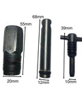 Premium Hydraulic Jack Oil Pump Replacement Kit With Solid Metal Bleed Screw And Straight Shot Piston Assembly showing three metal components with measurements.