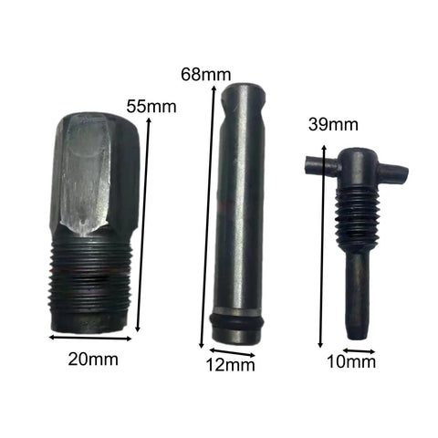 Premium Hydraulic Jack Oil Pump Replacement Kit With Solid Metal Bleed Screw And Straight Shot Piston Assembly showing three metal components with measurements.
