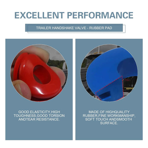Close-up of red and blue rubber pad for trailer handshake valve showing elasticity and fine workmanship.