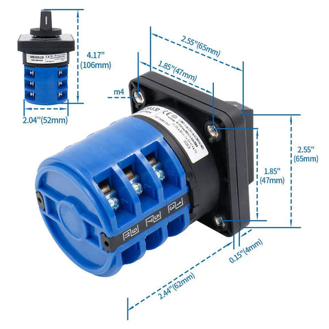 Three Phase Rotary Changeover Switch 40A 660V With 12 Terminal Universal Cam Selector, side view showing dimensions.