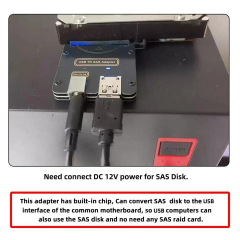 SAS To USB 3.0 Hard Drive Adapter With Built-In Chipset, 29Pin SFF-8482 To 5Gbps USB 3.0, Power Port, No RAID Card Needed, Easy Plug-And-Play Access For SAS Drives, Requires 12V/3A Power Supply, connected to SAS drive