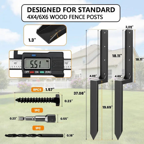 Two Piece Fence Post Repair Kit With Heavy Duty 11 Gauge Steel Anchor Stakes for Quick Fix of Leaning or Broken 4x4 and 6x6 Wood Posts
