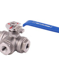 Go-To 3-Way Ball Valve With T Mounting Pad, Stainless Steel 304 Female 1/4 Inch NPT Ports, Vinyl Locking Handle, Heavy Duty