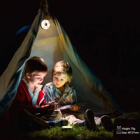 Children in a tent using 6 Pack USB Rechargeable Puck Lights With Remote For Under Cabinet Kitchen And Bedroom at night