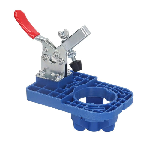 Precision Hinge Opening Locator 35mm Drill Guide For Woodworking Doors And Cabinets with red lever and blue base.