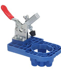 Premium Plus Hinge Opening Locator Tool For 35mm woodworking projects in blue plastic alloy with metal lever for precise positioning.