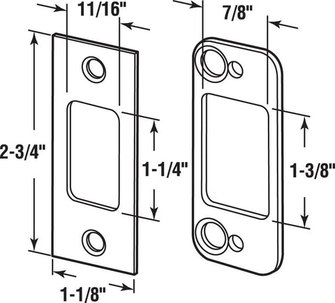 Dimensions diagram of Heavy Duty Tough As Nails Bronze Finish Steel Security Deadbolt Door Lock Strike With Dual Plates 11/16 By 1-1/4 Inch