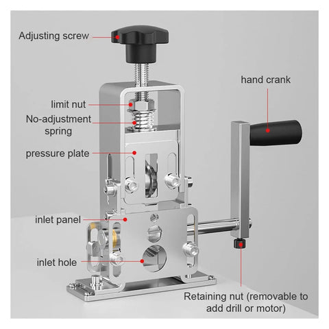 Close-up view of Super Heavy Duty Wire Stripping Machine For Professional Electricians highlighting features like adjusting screw and hand crank.