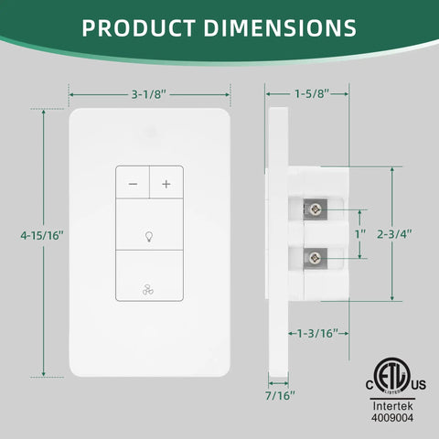 Front and side view of Dual Control Dimmer Switch for Exhaust Fan and Light, White Single Pole Fan Light Dimmer With Neutral Wire Required for Bathroom or Laundry, Easy Install, Smooth Brightness Control with product dimensions.