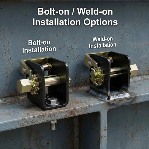Heavy Duty Lashing Winch Set For Trucks 2 Pack Left Right Fits 2 Inch Webbing Steel Bolt On Weld On Track Tie Down Winches Built Tough With 5500 Lbs Working Load Limit For Flatbed Tow Dolly Straps bolt-on and weld-on installation shown
