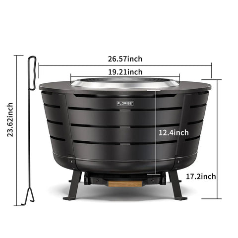 26 Point 5 Inch Smokeless Fire Pit With Stand For Outdoor Hangouts Portable Backyard Bonfire Pit For Patio Camping Includes Removable Ash Pan And Heat Shield Stainless Steel Wood Burning Design shown with dimensions