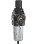 Piggyback Air Filter Regulator 1/2 Inch NPT, 0 To 140 Psi Relieving With Gauge, manual drain, polycarbonate bowl visible.
