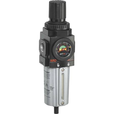 Piggyback Air Filter Regulator 1/2 Inch NPT, 0 To 140 Psi Relieving With Gauge, manual drain, polycarbonate bowl visible.