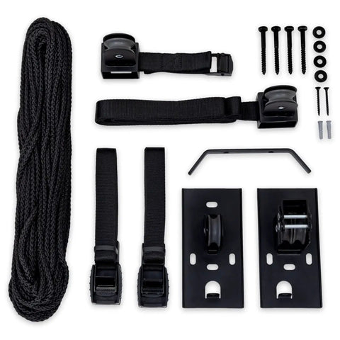 Garage Ceiling Pulley System 2 Pack For Kayaks And Canoes, Heavy Duty Overhead Storage Lift Holds Up To 150 Lbs components shown