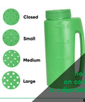 Handheld Lawn Seed Spreader With Adjustable Hole Size Dial Lid, 2 Liter Capacity, showing dial lid options and capacity marks