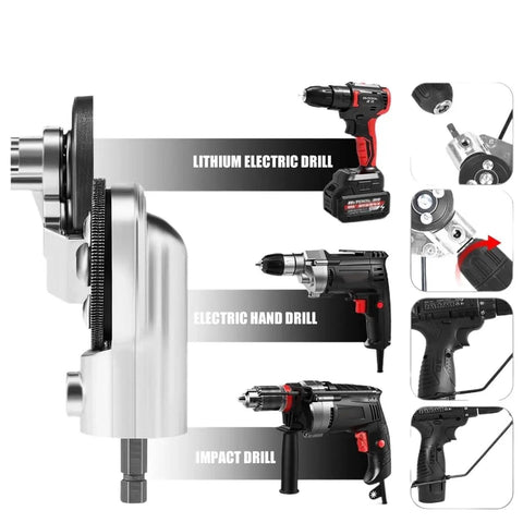 Electric Drill Attachment Nibbler Tool, Metal Sheet Plate Cutter Punch For Free Cutting Sawing Light Grey with drill types displayed.