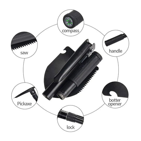 Folding Survival Shovel For Camping And Trekking, All In One Entrenching Tool With Carry Pouch And Durable Metal Handle, features labeled.