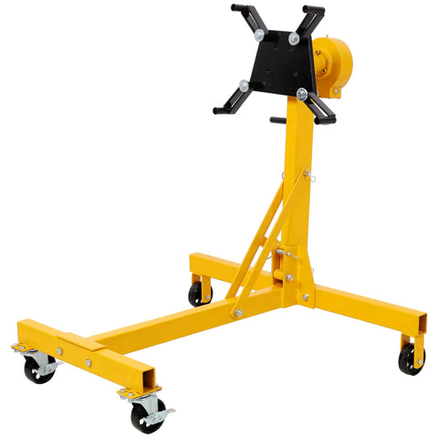 Heavy Duty 1000 Pound Engine Stand With Slick Rolling Wheels 360 Degree Rotation, durable yellow metal frame for garage repairs.