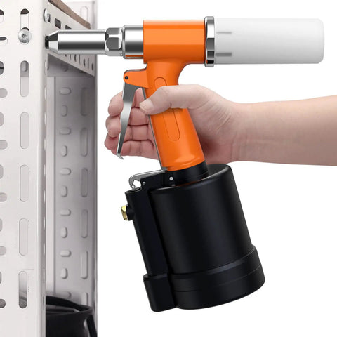 Pneumatic Rivet Gun With 500 Rivets and 5 Nosepieces in use, showing orange handle, black body, and nozzle on metal sheet
