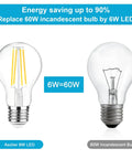 60W Equivalent E26 LED Filament Bulbs Daylight 4000K Non Dimmable A19 Glass Clear, 6 Pack, side-by-side comparison with incandescent bulb